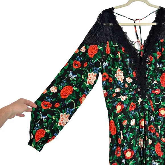 Anthropologie Dress 16 Lace V-Neck Dark Floral Rose Long Sleeve Mini Flowy NWT - Picture 6 of 16